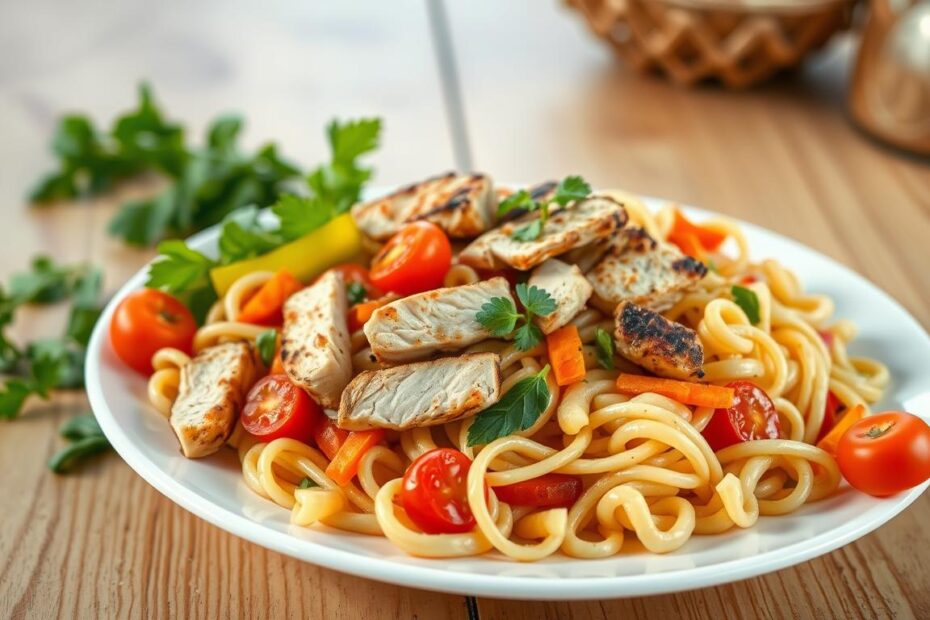 Salada de macarrão integral com frango minha receita preferida