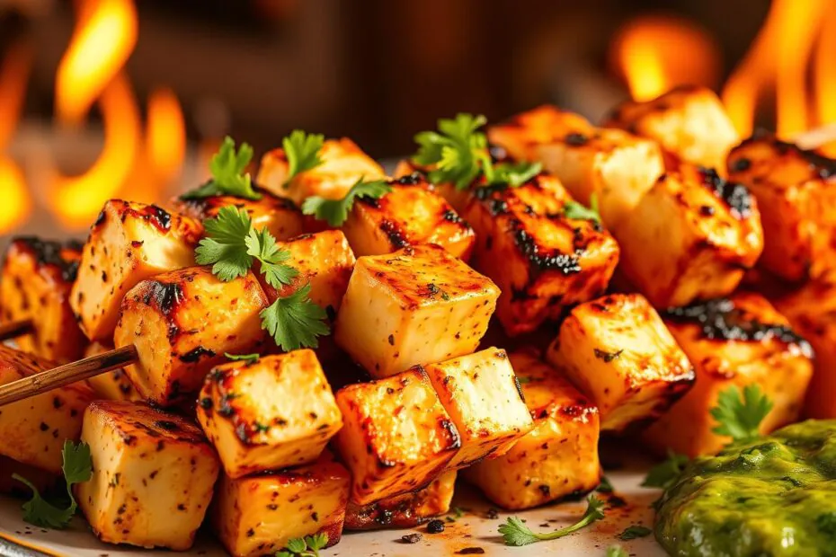Aprenda a fazer paneer tikka cubos de queijo marinados em especiarias e grelhados
