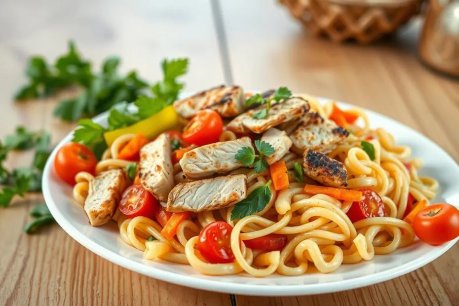 Salada de macarrão integral com frango minha receita preferida